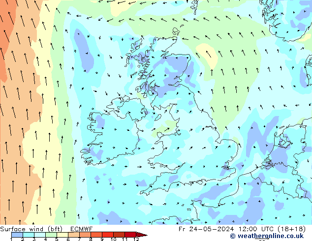 wiatr 10 m (bft) ECMWF pt. 24.05.2024 12 UTC
