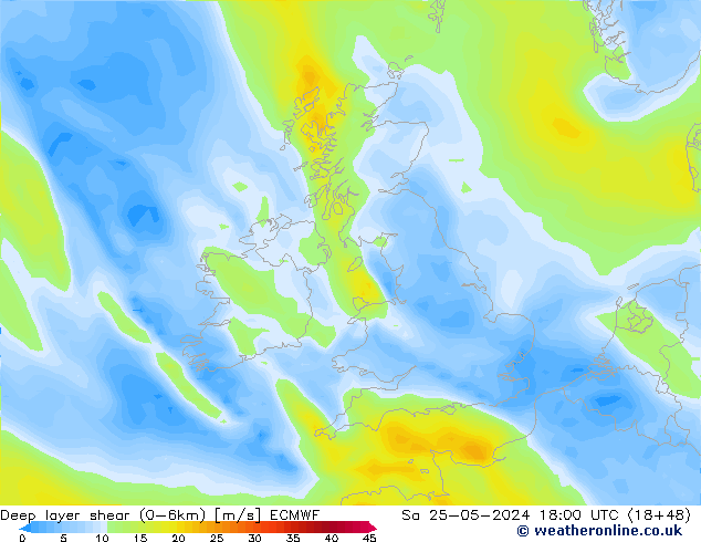 Deep layer shear (0-6km) ECMWF Sa 25.05.2024 18 UTC