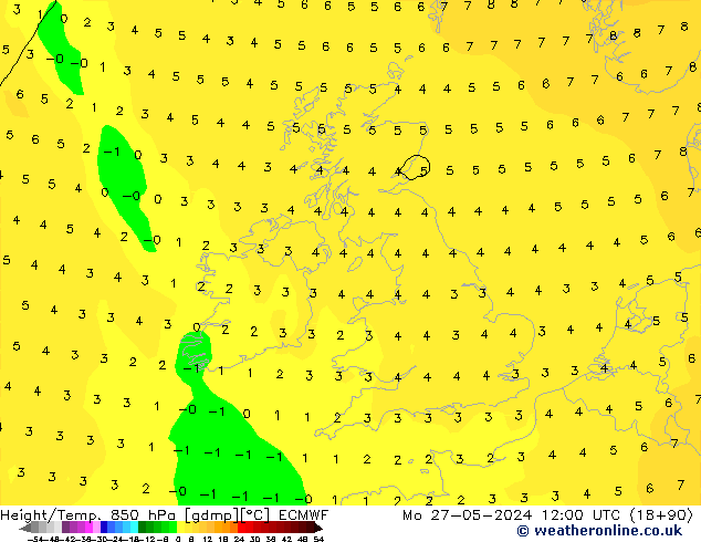 Height/Temp. 850 hPa ECMWF Mo 27.05.2024 12 UTC