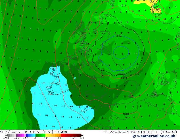 SLP/Temp. 850 hPa ECMWF Do 23.05.2024 21 UTC