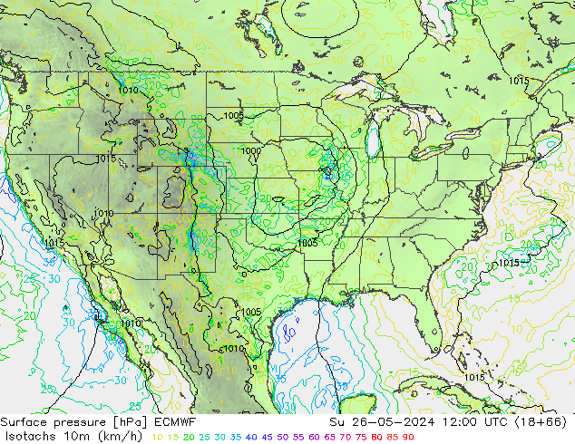 Isotachs (kph) ECMWF dom 26.05.2024 12 UTC