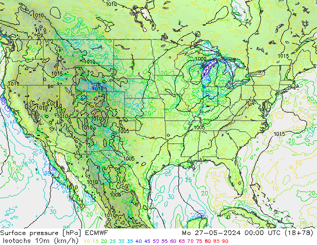 Isotaca (kph) ECMWF lun 27.05.2024 00 UTC