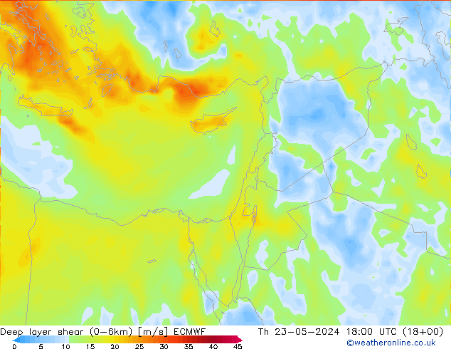 Deep layer shear (0-6km) ECMWF Qui 23.05.2024 18 UTC