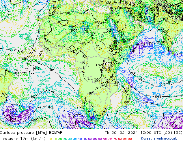 Isotachs (kph) ECMWF Qui 30.05.2024 12 UTC