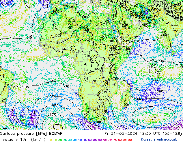 Isotachs (kph) ECMWF Fr 31.05.2024 18 UTC