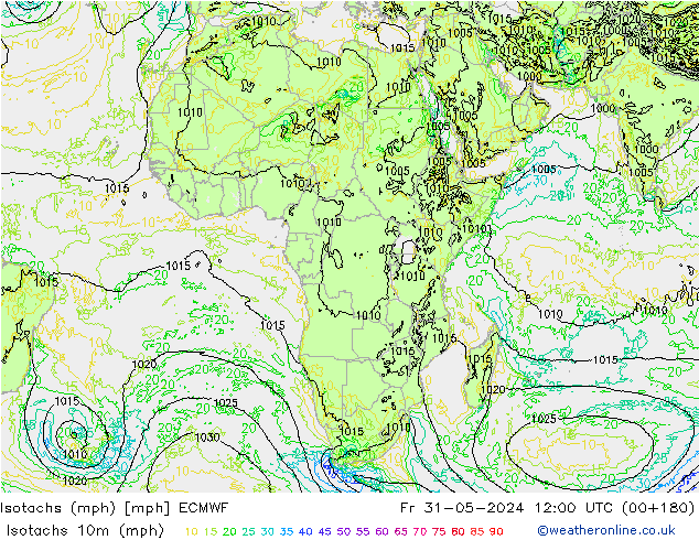 Isotachs (mph) ECMWF Fr 31.05.2024 12 UTC