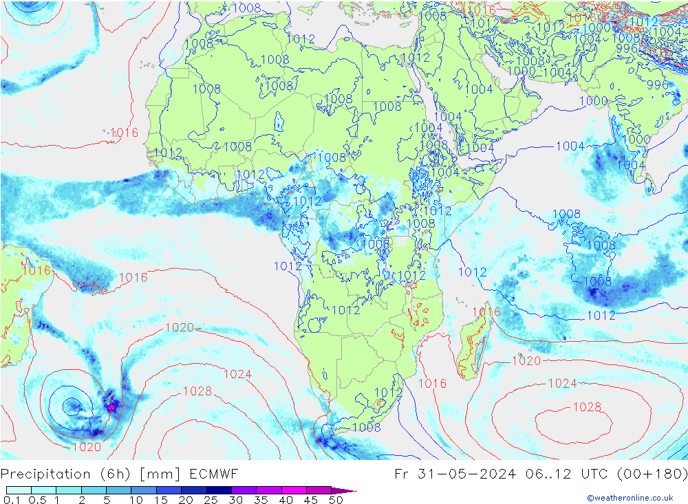 Z500/Rain (+SLP)/Z850 ECMWF Fr 31.05.2024 12 UTC