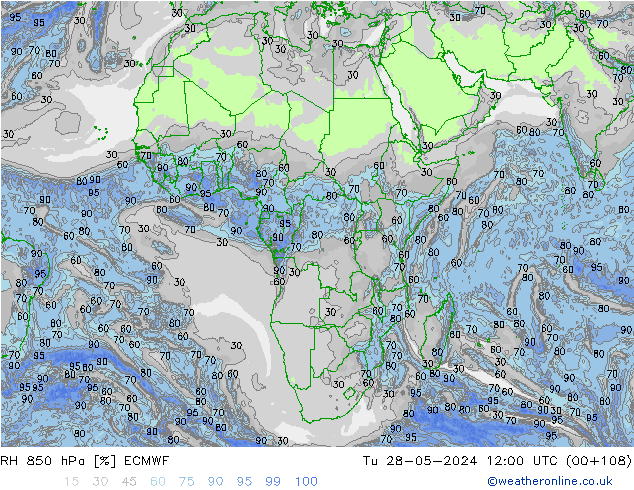 RH 850 hPa ECMWF Út 28.05.2024 12 UTC