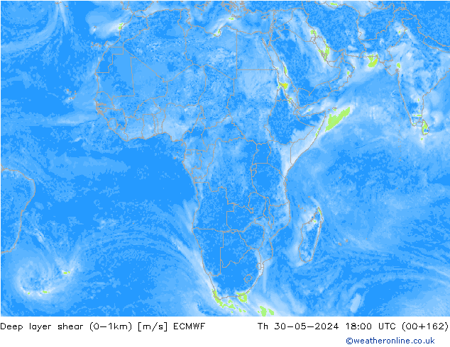 Deep layer shear (0-1km) ECMWF gio 30.05.2024 18 UTC