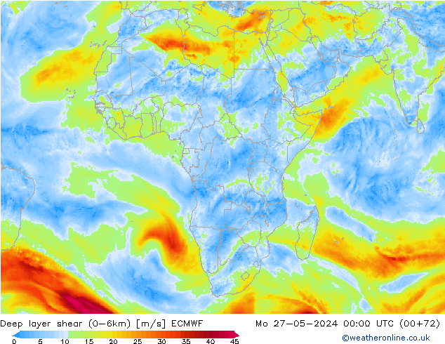 Deep layer shear (0-6km) ECMWF Mo 27.05.2024 00 UTC