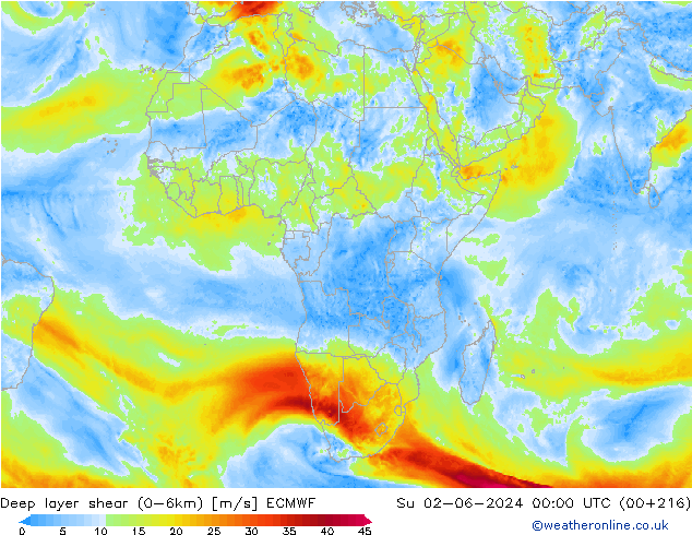 Deep layer shear (0-6km) ECMWF  02.06.2024 00 UTC