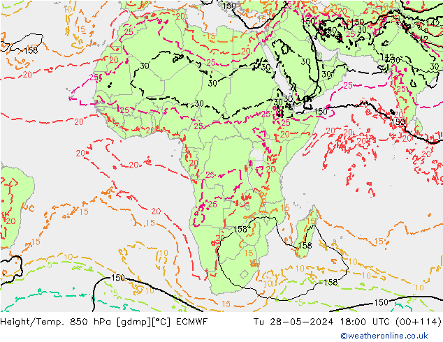 Height/Temp. 850 hPa ECMWF Út 28.05.2024 18 UTC