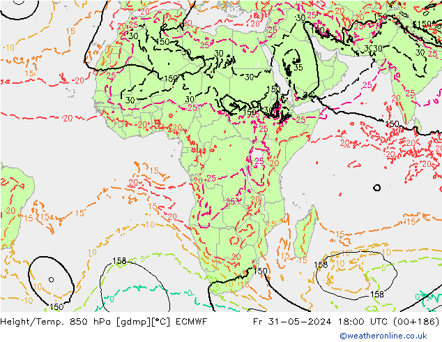 Height/Temp. 850 гПа ECMWF пт 31.05.2024 18 UTC