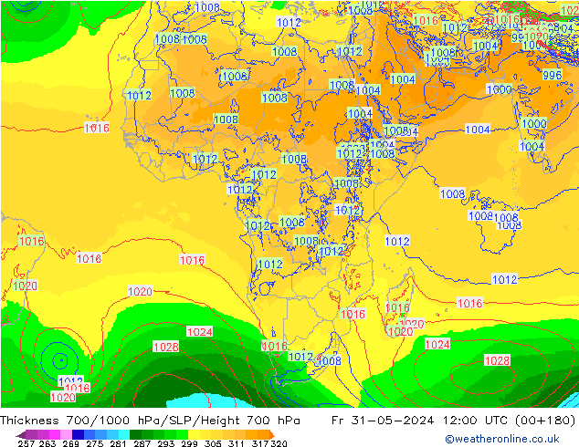 Thck 700-1000 hPa ECMWF Fr 31.05.2024 12 UTC