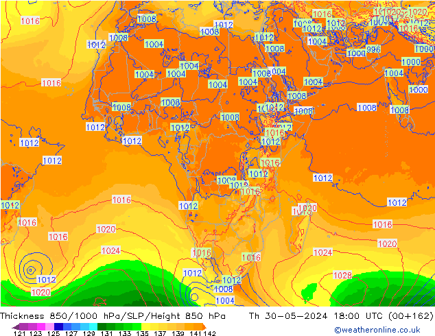 Thck 850-1000 hPa ECMWF gio 30.05.2024 18 UTC