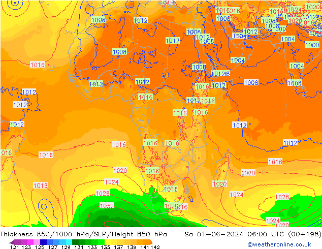 Schichtdicke 850-1000 hPa ECMWF Sa 01.06.2024 06 UTC