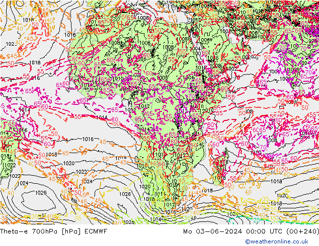 Theta-e 700hPa ECMWF Mo 03.06.2024 00 UTC