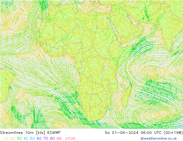 Streamlines 10m ECMWF Sa 01.06.2024 06 UTC