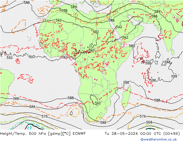 Z500/Rain (+SLP)/Z850 ECMWF wto. 28.05.2024 00 UTC