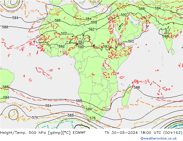Z500/Rain (+SLP)/Z850 ECMWF Čt 30.05.2024 18 UTC