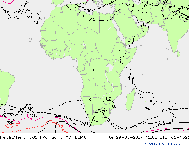 Height/Temp. 700 hPa ECMWF mer 29.05.2024 12 UTC