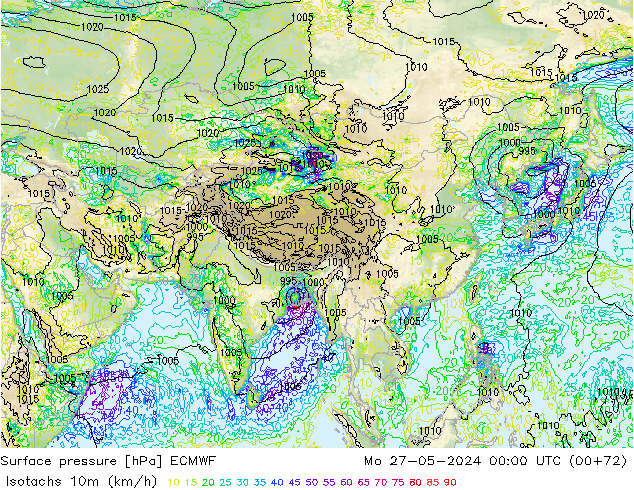 Izotacha (km/godz) ECMWF pon. 27.05.2024 00 UTC