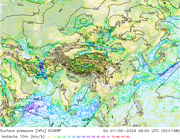 Isotaca (kph) ECMWF sáb 01.06.2024 06 UTC