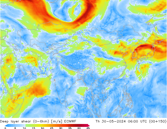 Deep layer shear (0-6km) ECMWF gio 30.05.2024 06 UTC