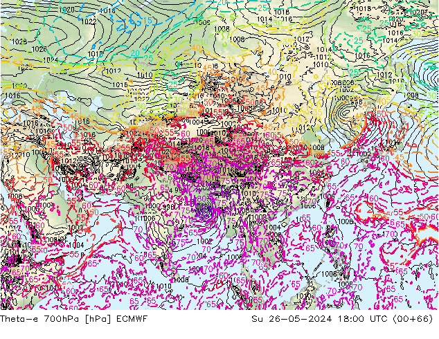 Theta-e 700hPa ECMWF So 26.05.2024 18 UTC