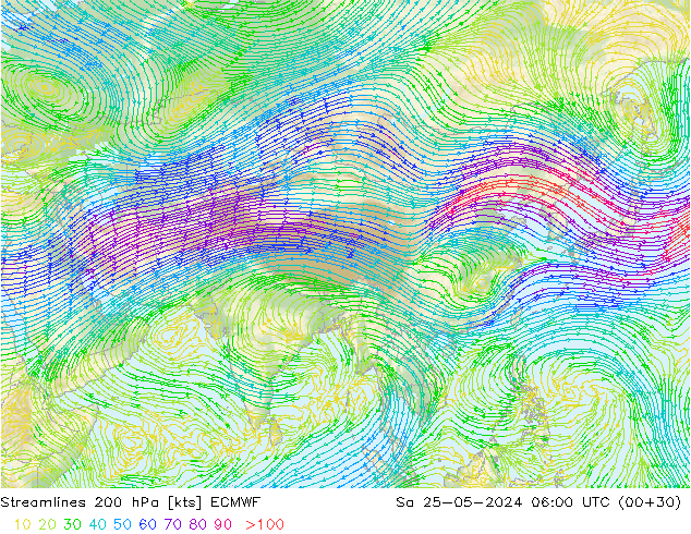 Linha de corrente 200 hPa ECMWF Sáb 25.05.2024 06 UTC