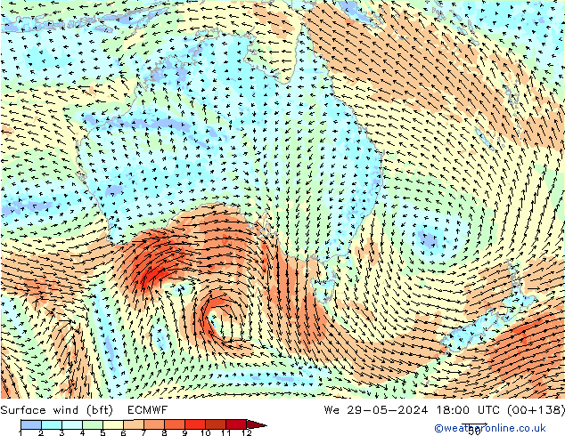 Vento 10 m (bft) ECMWF Qua 29.05.2024 18 UTC