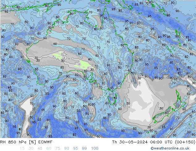 RH 850 hPa ECMWF czw. 30.05.2024 06 UTC