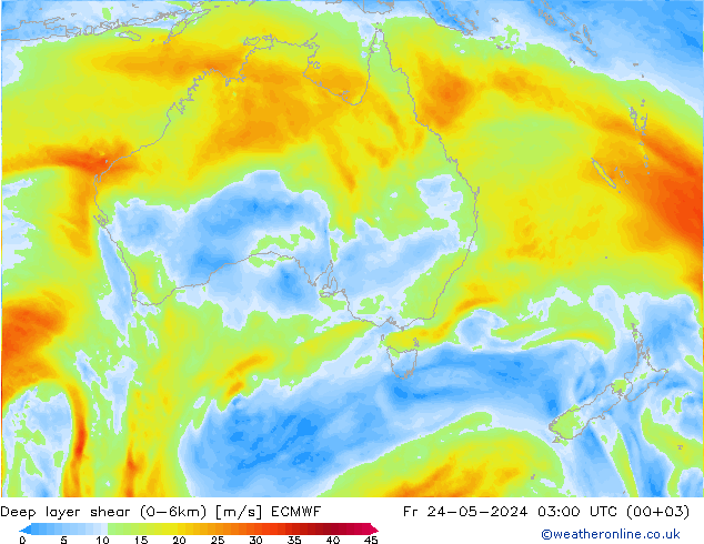 Deep layer shear (0-6km) ECMWF vr 24.05.2024 03 UTC