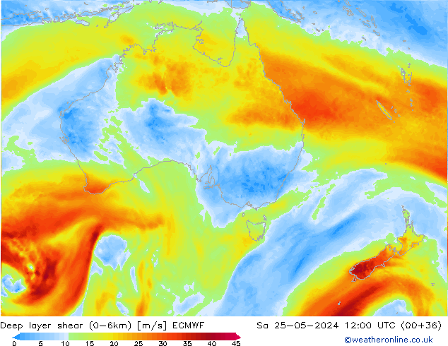 Deep layer shear (0-6km) ECMWF Sa 25.05.2024 12 UTC
