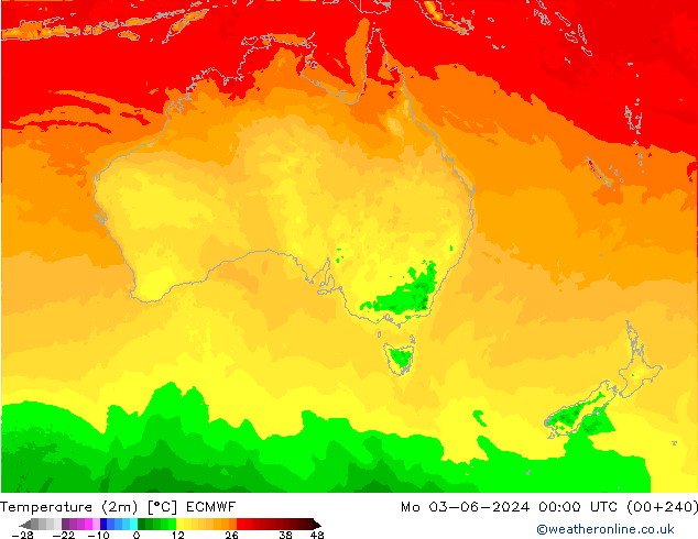 Temperatura (2m) ECMWF Seg 03.06.2024 00 UTC