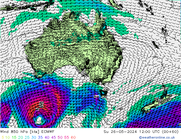 Rüzgar 850 hPa ECMWF Paz 26.05.2024 12 UTC