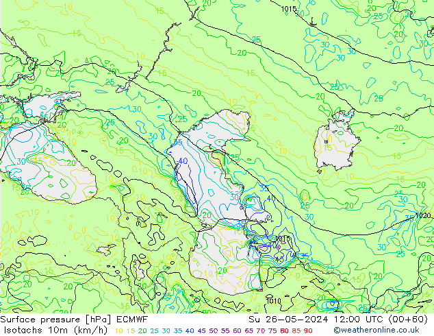 Isotachs (kph) ECMWF Su 26.05.2024 12 UTC