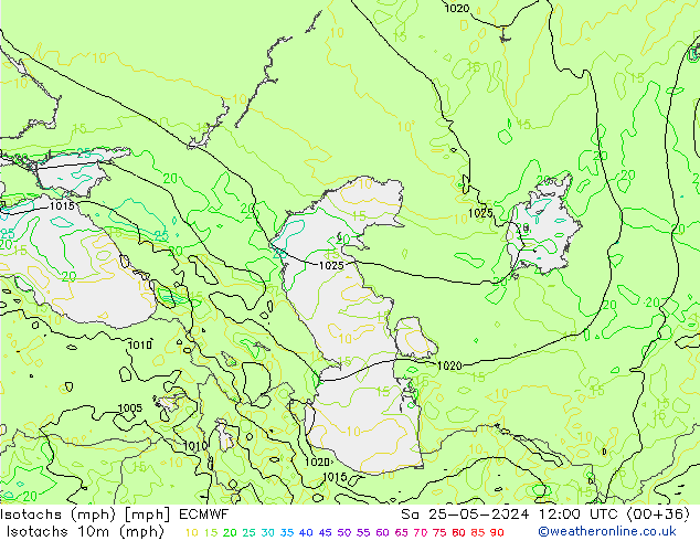 Isotachs (mph) ECMWF сб 25.05.2024 12 UTC