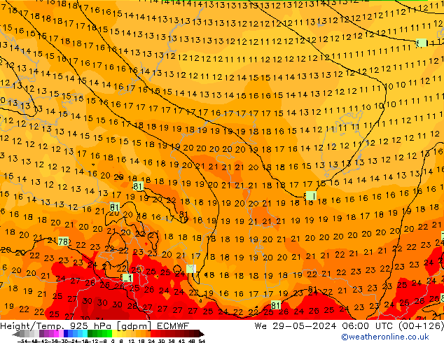 Géop./Temp. 925 hPa ECMWF mer 29.05.2024 06 UTC