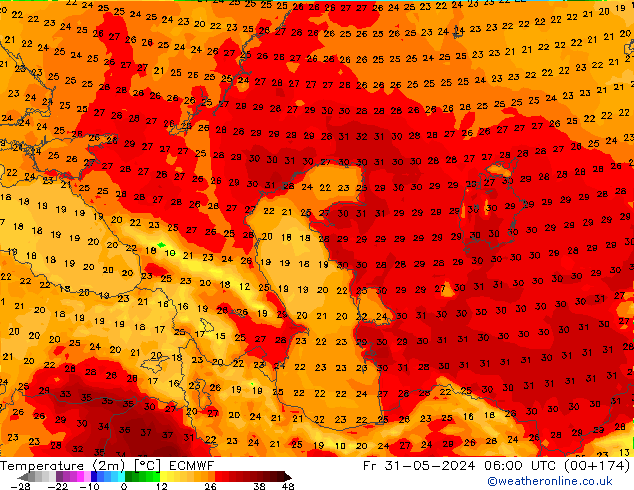 карта температуры ECMWF пт 31.05.2024 06 UTC