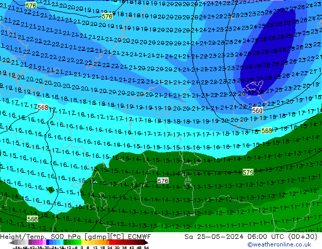 Height/Temp. 500 hPa ECMWF Sa 25.05.2024 06 UTC