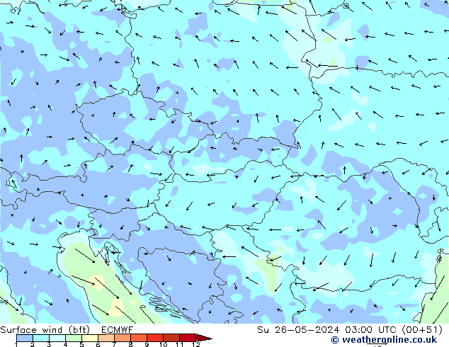 Wind 10 m (bft) ECMWF zo 26.05.2024 03 UTC