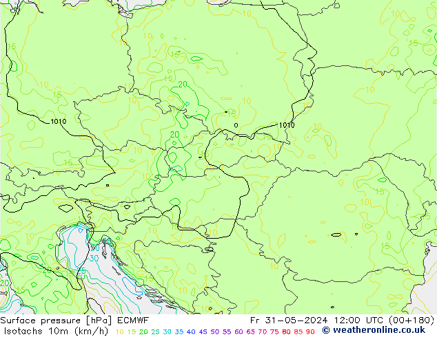 Isotachs (kph) ECMWF пт 31.05.2024 12 UTC