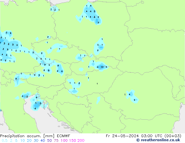 Precipitation accum. ECMWF Pá 24.05.2024 03 UTC