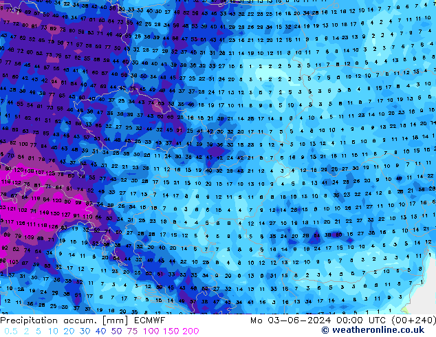 Precipitation accum. ECMWF Mo 03.06.2024 00 UTC