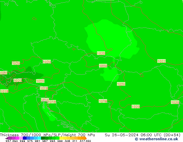 Thck 700-1000 гПа ECMWF Вс 26.05.2024 06 UTC