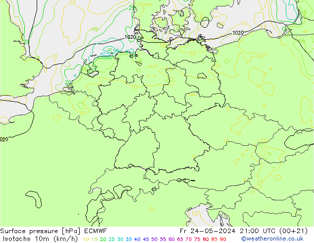 Isotachen (km/h) ECMWF vr 24.05.2024 21 UTC