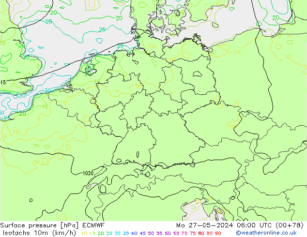 Isotachen (km/h) ECMWF ma 27.05.2024 06 UTC