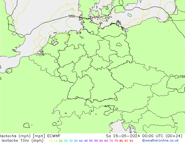 Isotachs (mph) ECMWF Sáb 25.05.2024 00 UTC