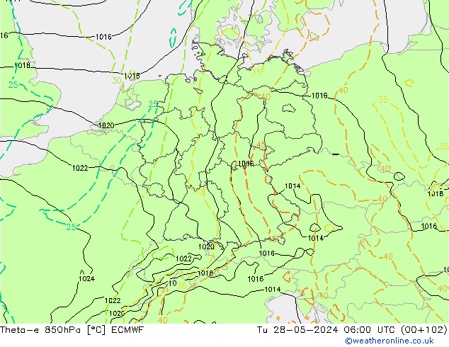 Theta-e 850hPa ECMWF Tu 28.05.2024 06 UTC